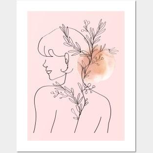 Minimalist girl illustration with plants Posters and Art